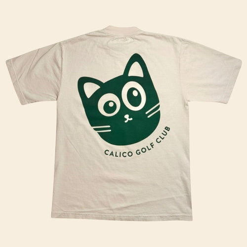 Calico Golf cream 100% USA cotton t-shirt. Garment dyed for a lived in feel. Relaxed unisex fit.